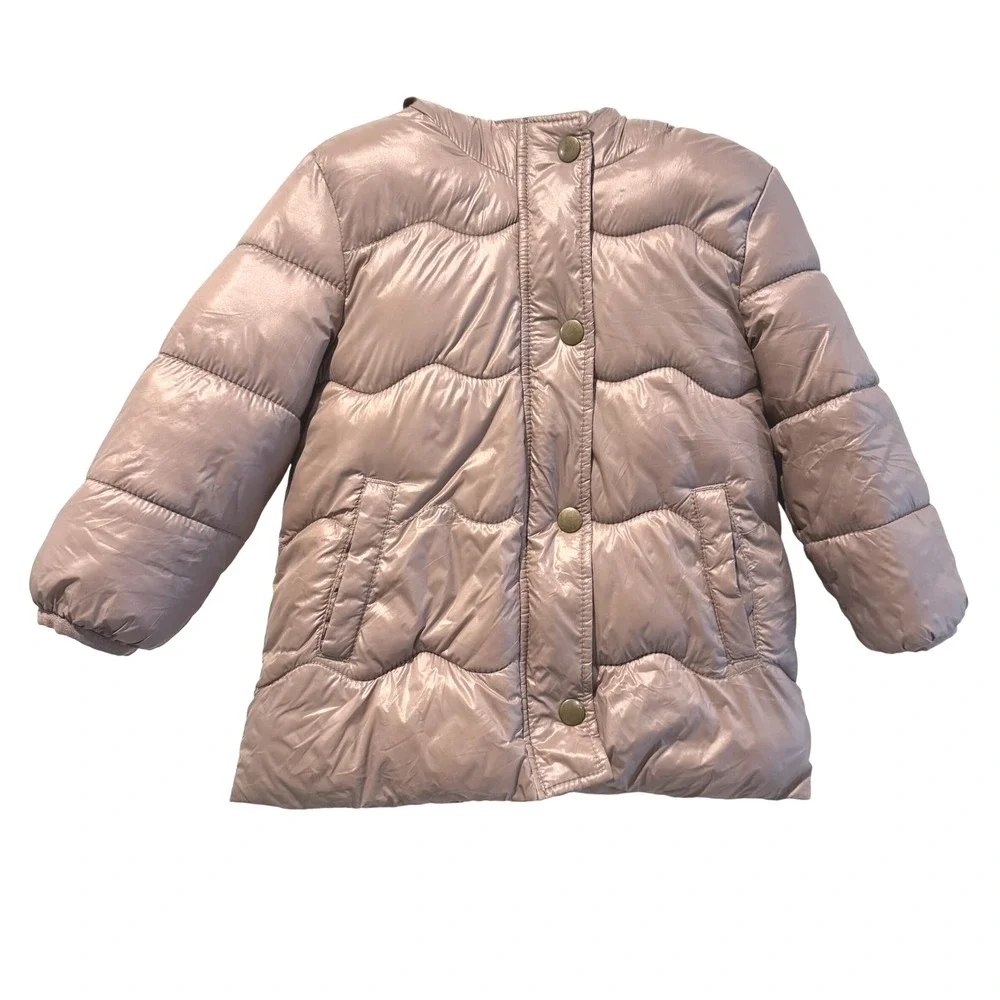 Old Navy Puffer Jacket Faux Fur Hood Gold Beige Girls Size 2T Winter Coat